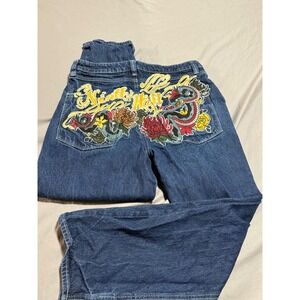 Ninth Hall Ambush Mens 32 Embroidered Snake Flower Wide Leg Y2K Denim Jeans Blue